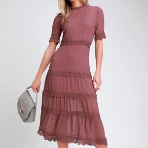 Lulus Dreaming of You Mauve Purple Swiss Dot Midi Dress